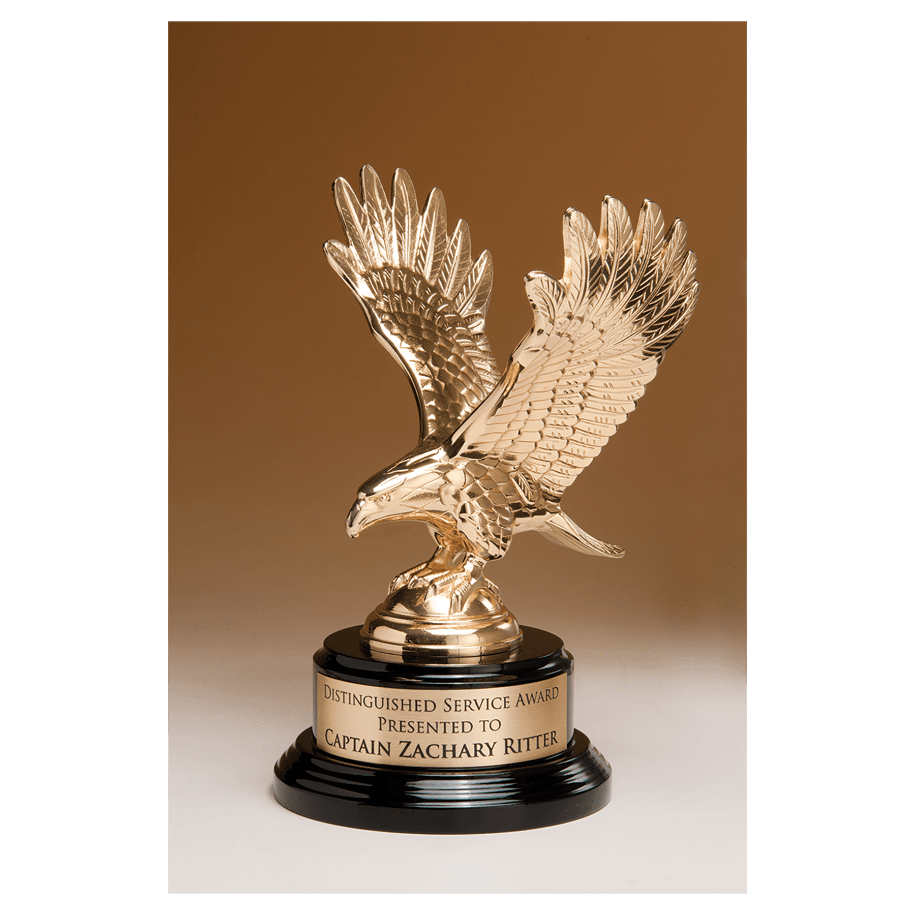 Fully Modeled Gold Finish Metal Eagle on a Black Piano Finish Base