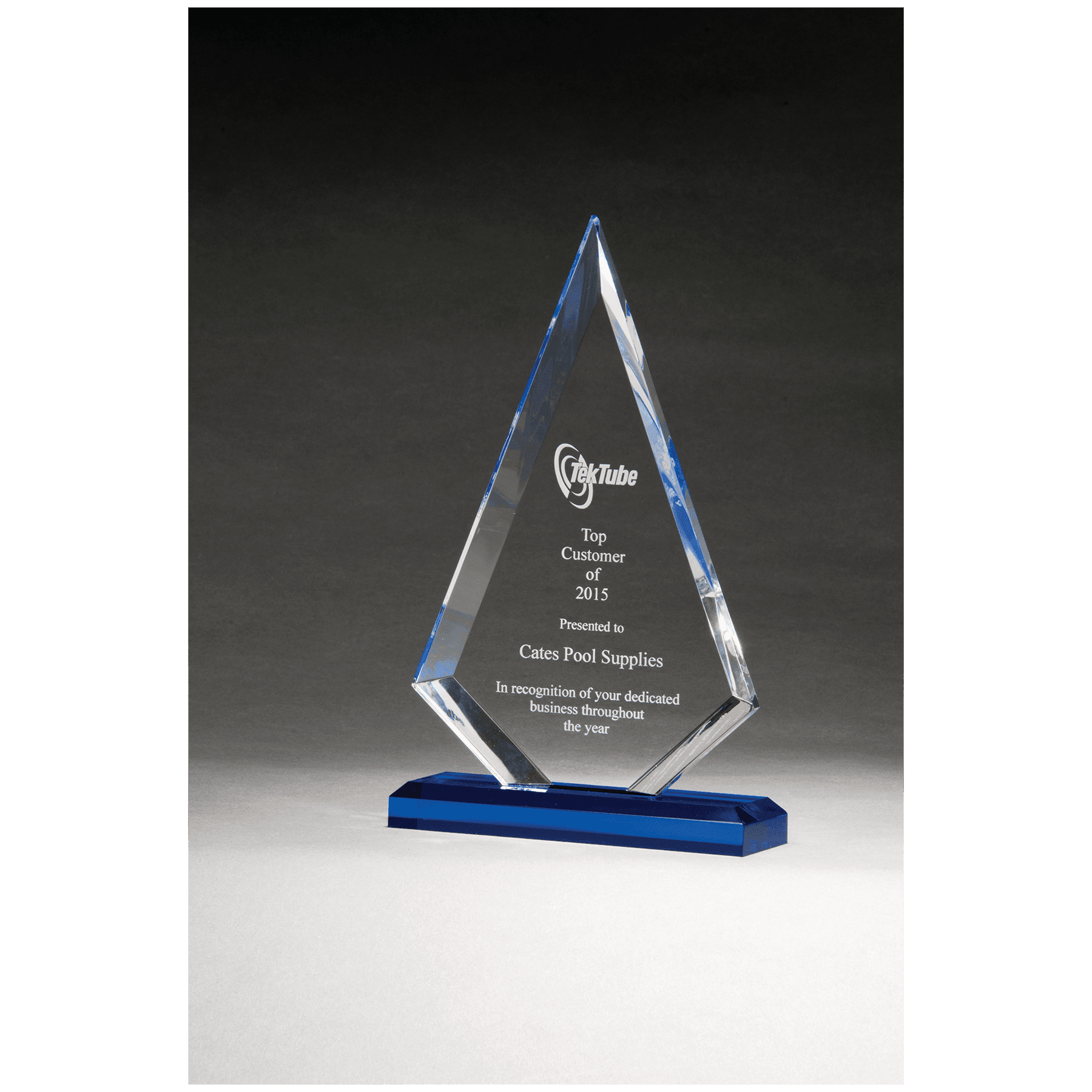 9 1/2" Arrow Series Clear Acrylic with Blue Highlights and Blue Base