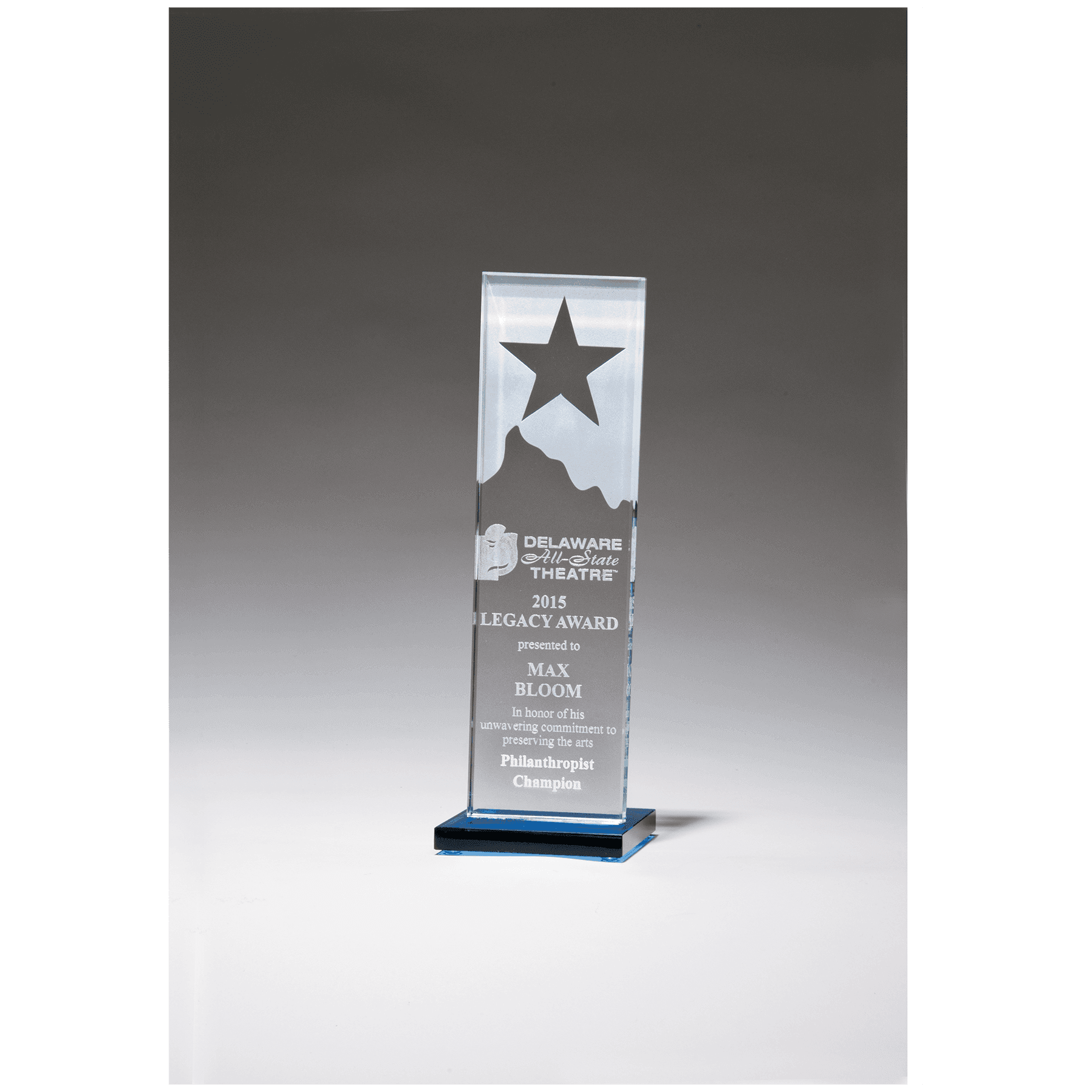 3 1/8" x 9 1/4" Etched Clear Glass Award with Star and Mountain Peak