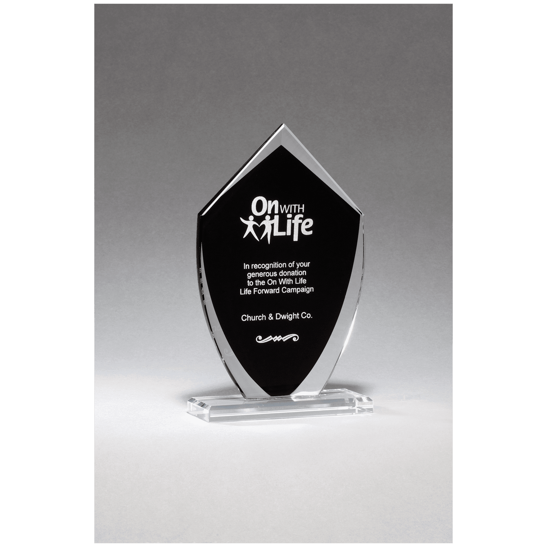 4 1/4" x 7 1/4" Shield Shaped Glass Award with Black Silkscreened
