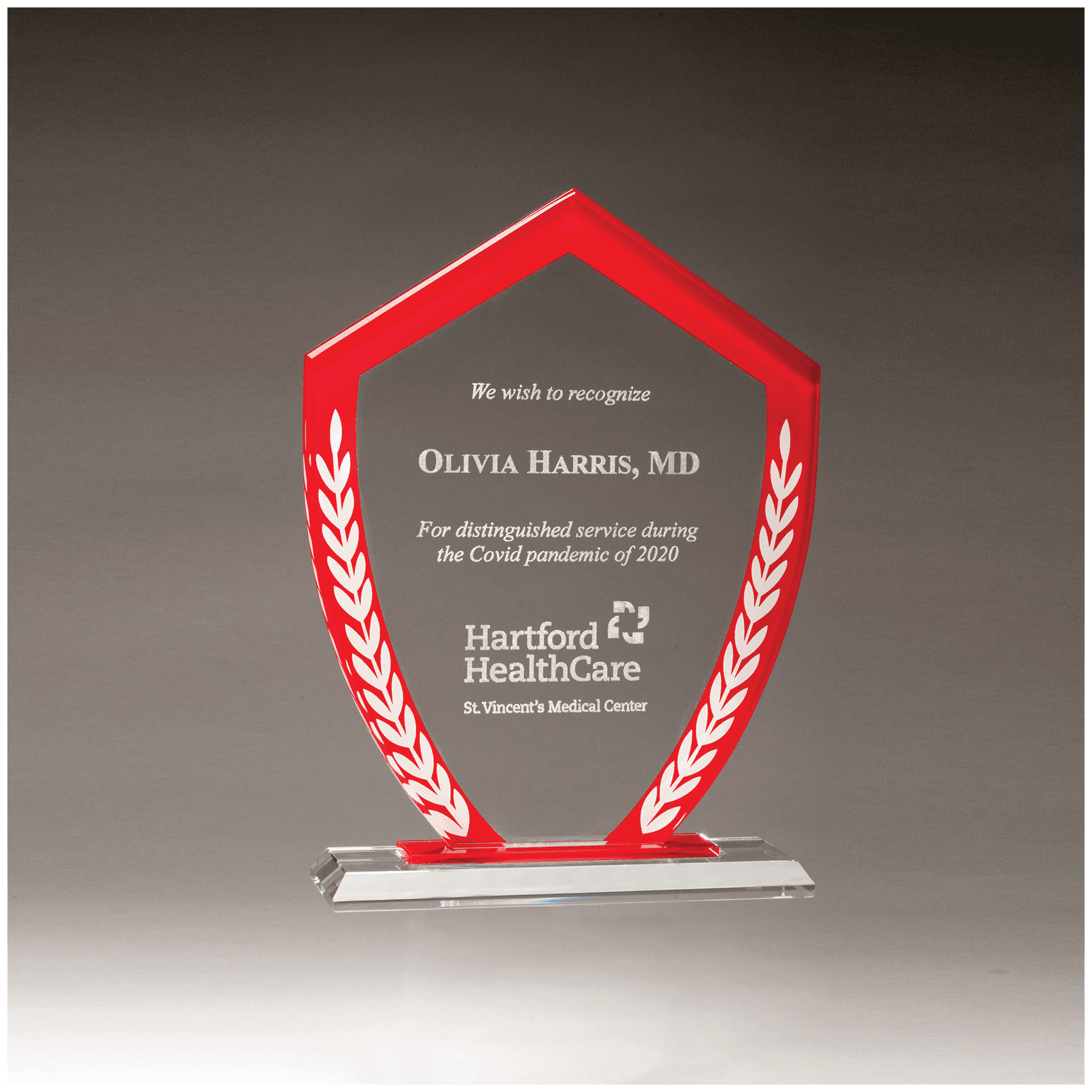 6 5/8" x 8 7/8" x 3/8" Thick Shield Shaped Glass Award with Red