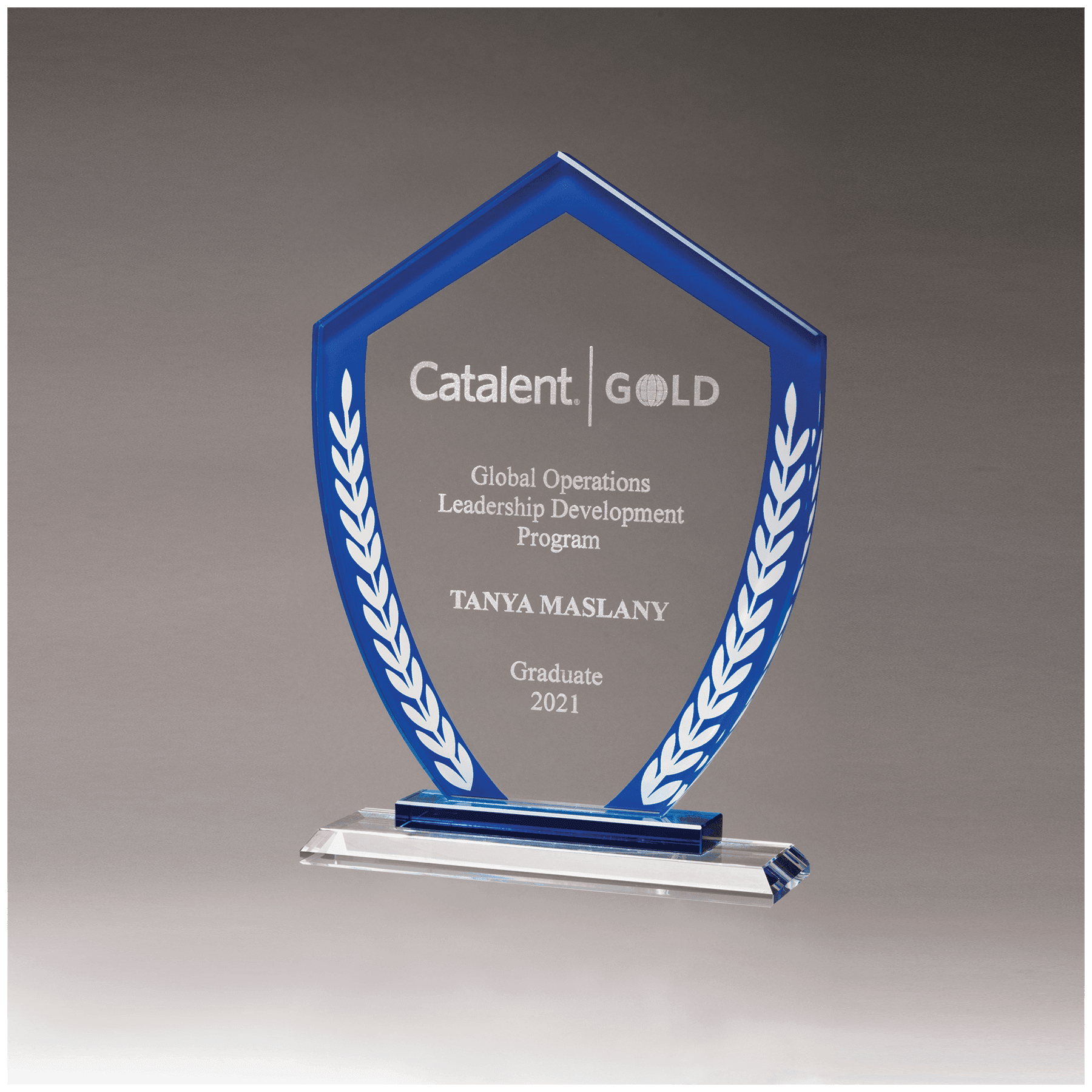 7 1/4" x 9 3/4" x 3/8" Thick Shield Shaped Glass Award with Blue