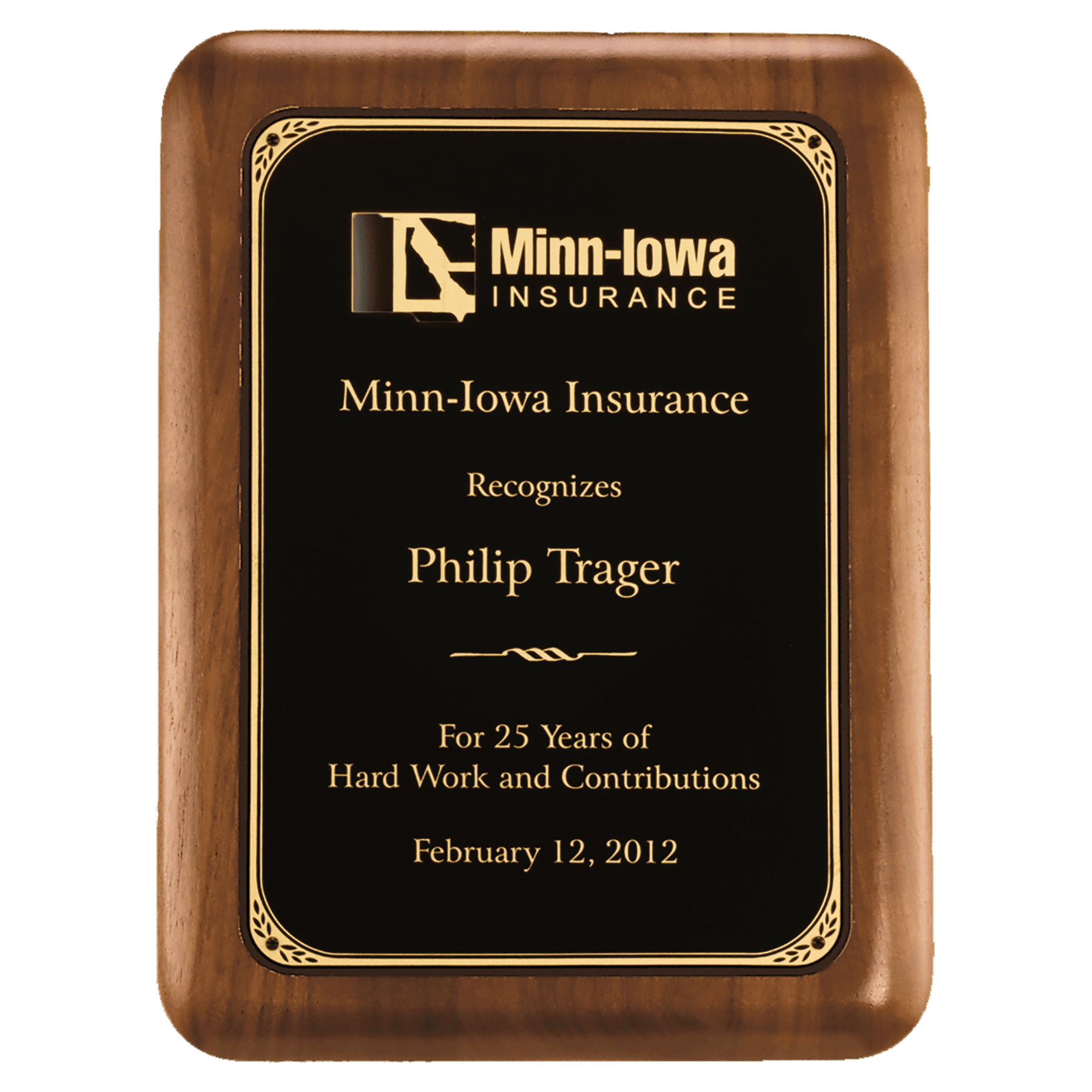 American Walnut Plaque with Gold Border Lasererable Black Brass Plate