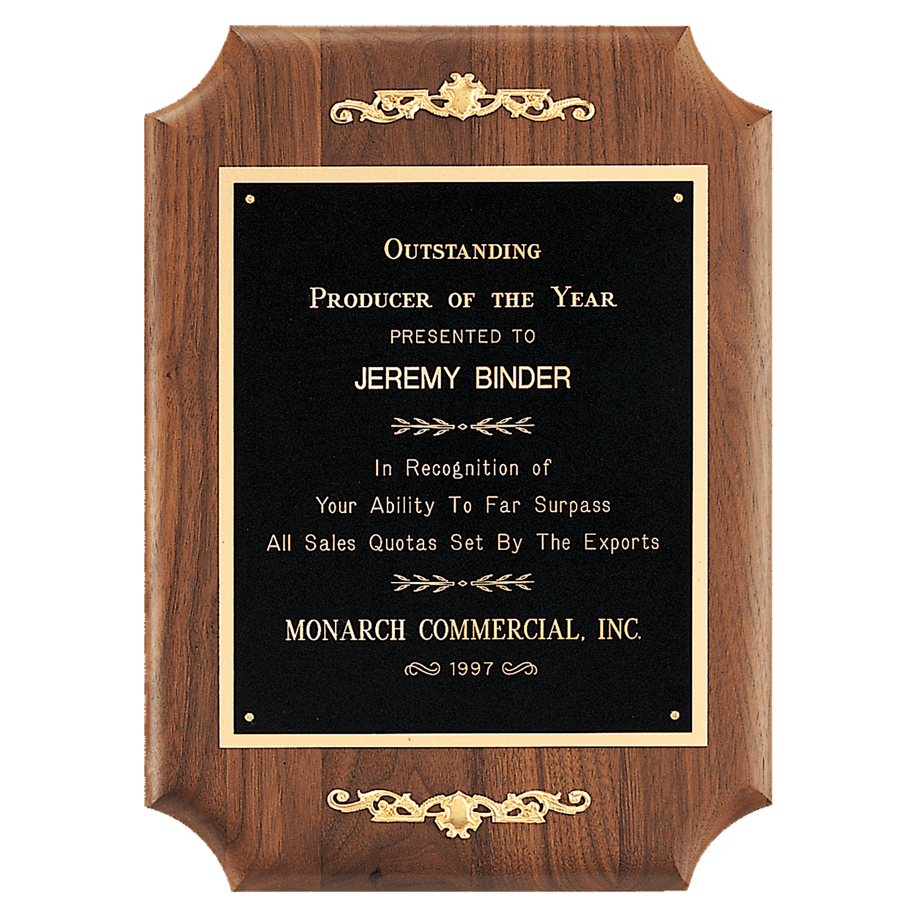 American Walnut Scalloped Corner Plaque with Decorative Gold Scrolls