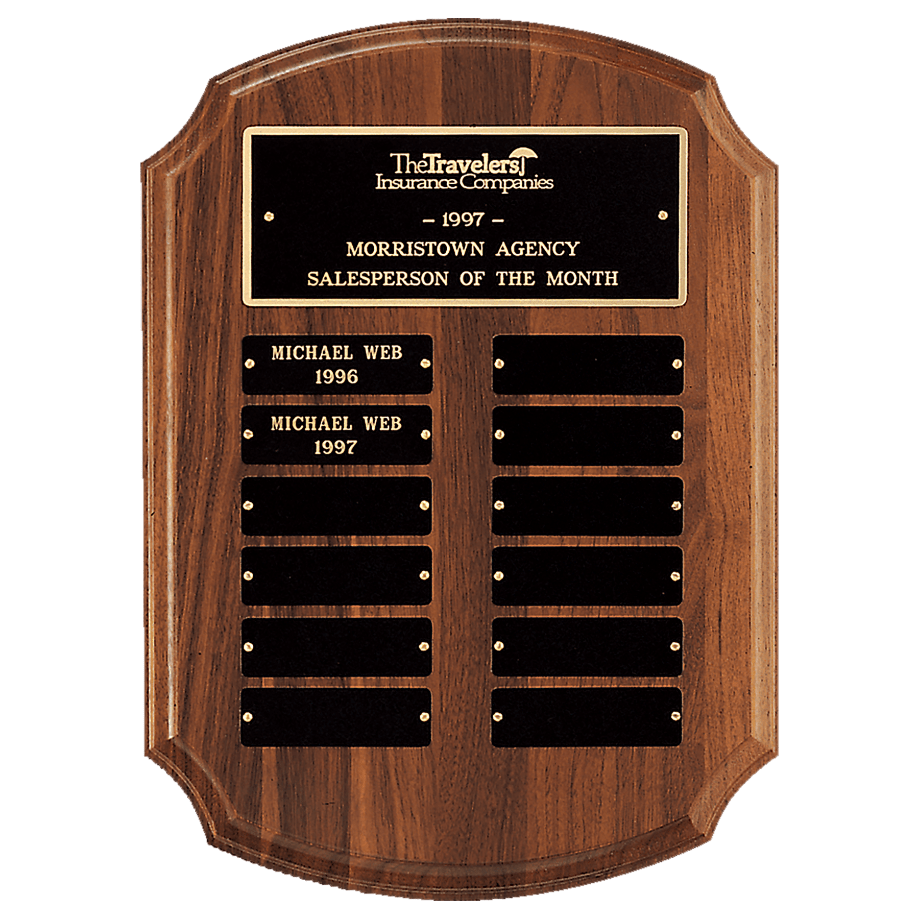 11" x 15" American Walnut 12 Plate Perpetual Plaque with Black Brass