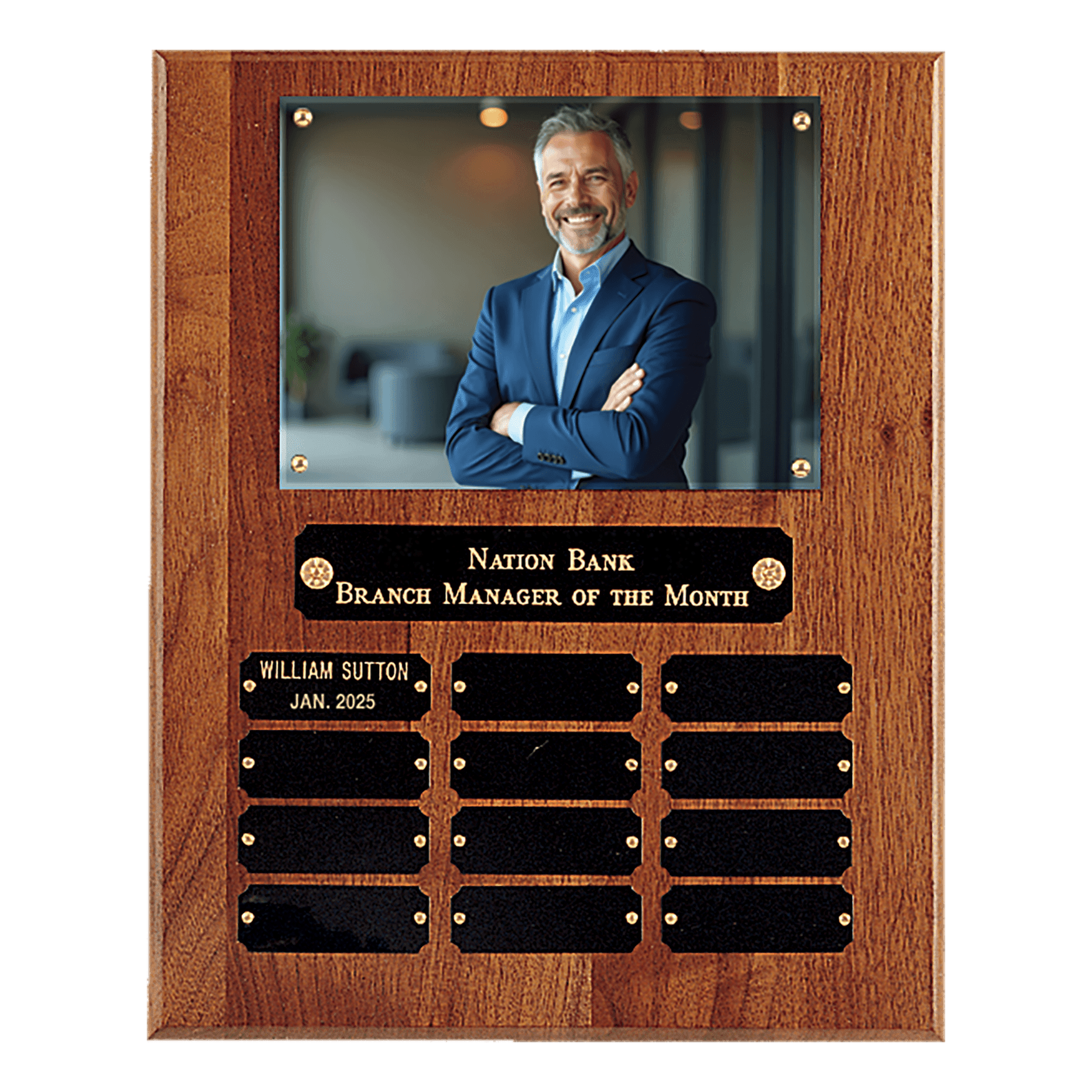 10 1/2" x 13" American Walnut 12 Plate Photo Plaque w/Black Brass