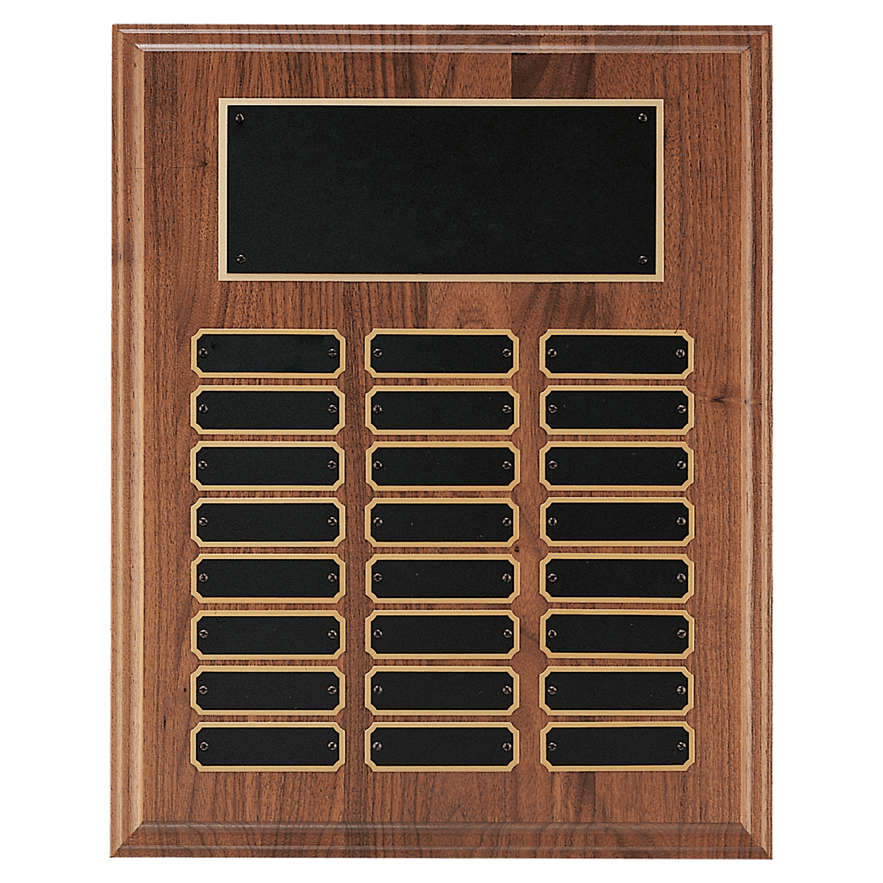 12" x 15" Walnut Step-Edge 24 Plate Perpetual Plaque with Black Brass