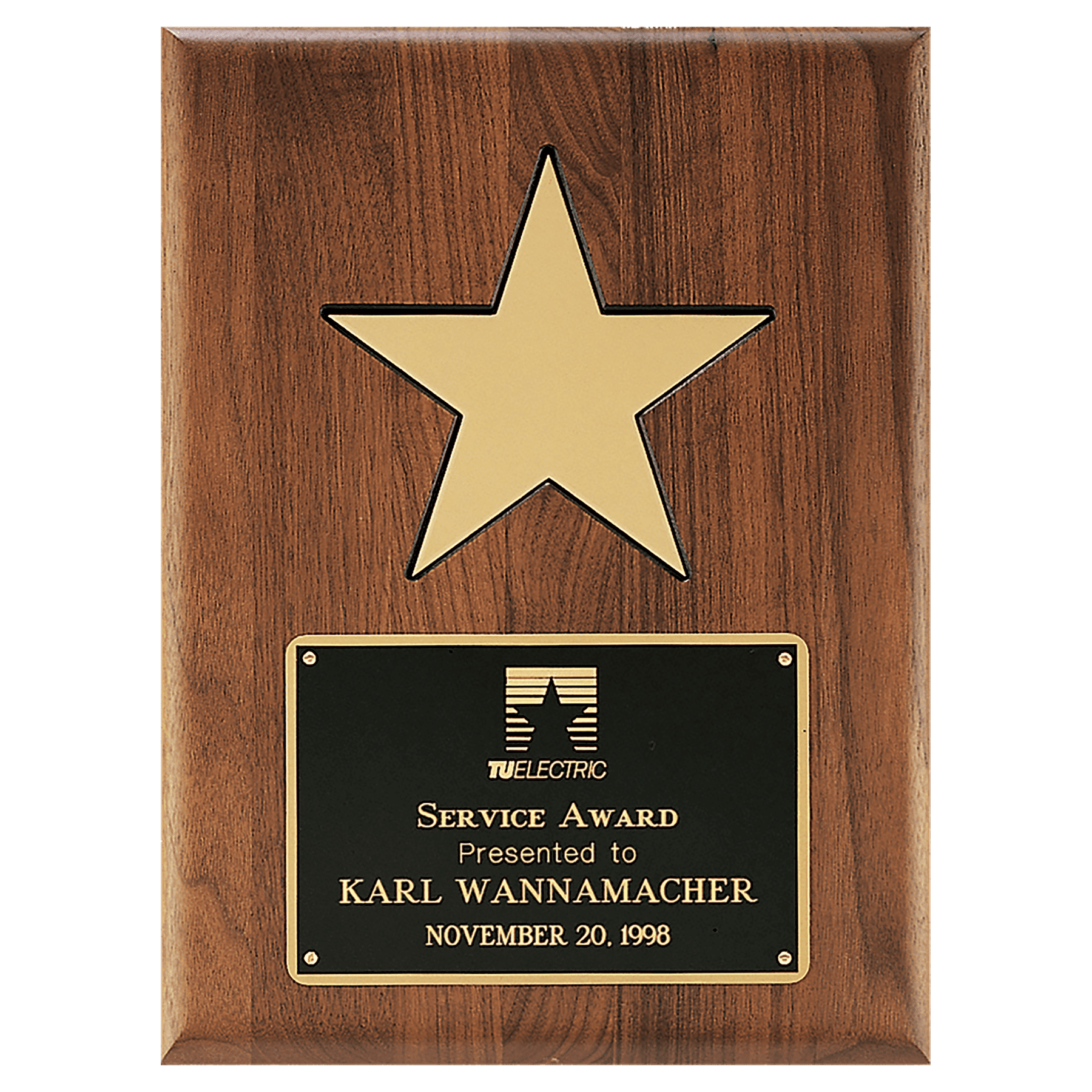 Gold Aluminum Star on a Solid Walnut Plaque with Black Recessed Area