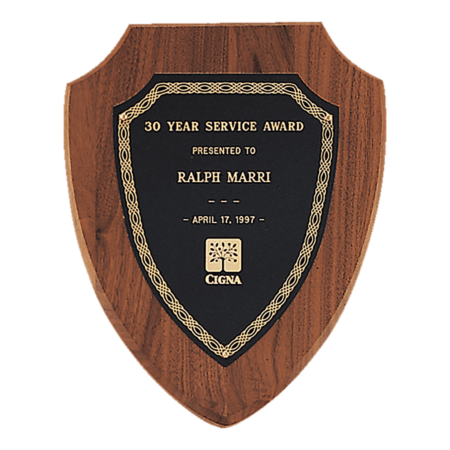 Jewelers Black Laserable Gold Border Shield Plate on an American