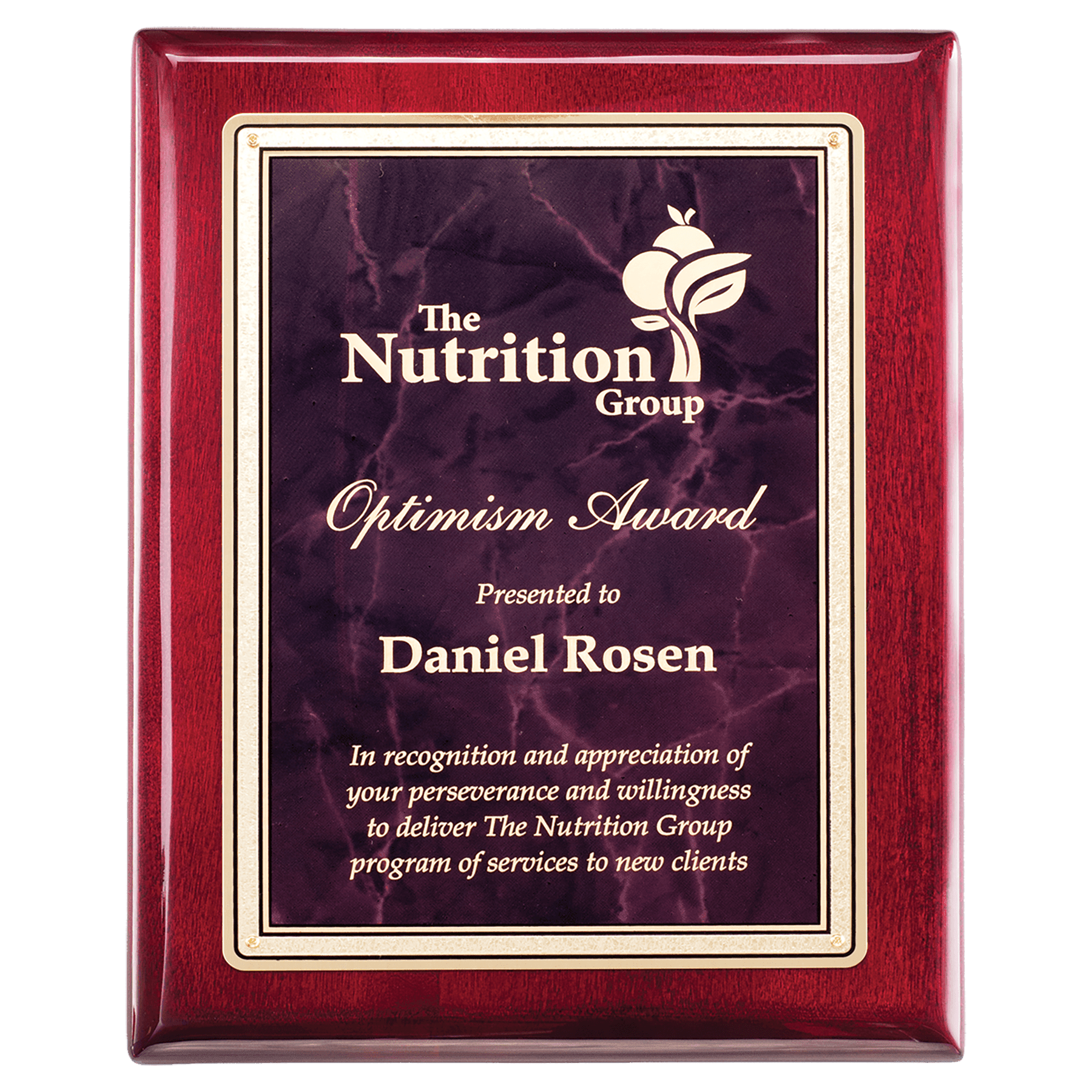 Rosewood Piano Finish Plaque with Ruby Marble/Gold Florentine Design