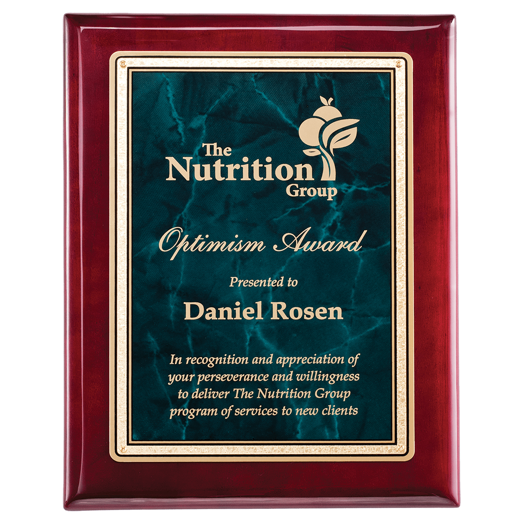 Rosewood Piano Finish Plaque with Emerald Marble/Gold Florentine