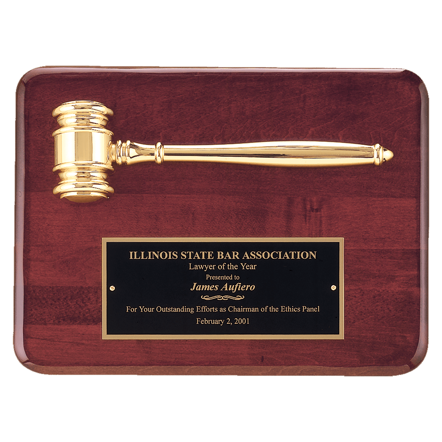 Rosewood Piano Finish Plaque with a Gold Electroplated Gavel and